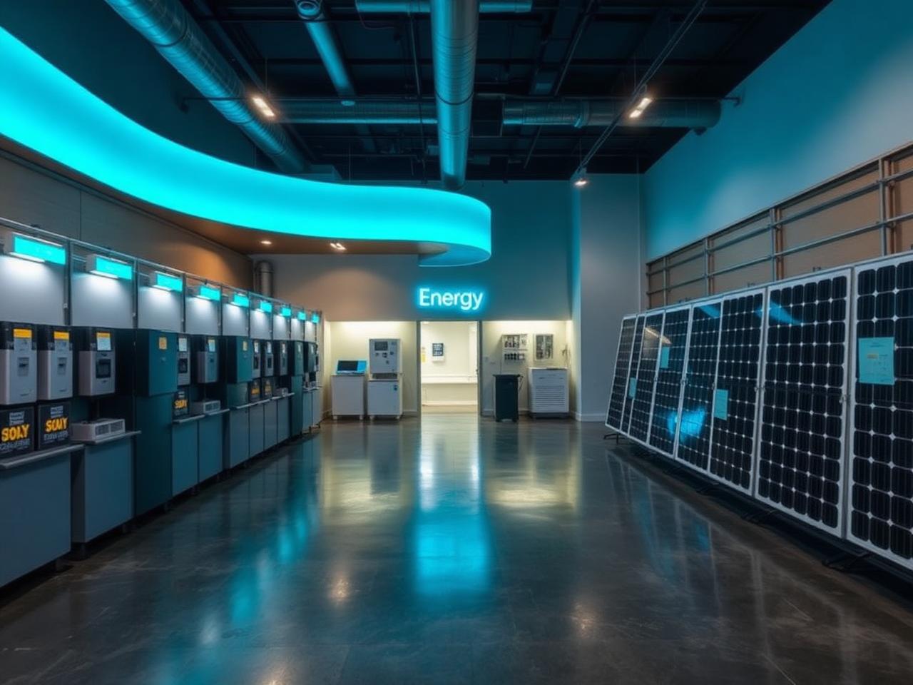 Lightning Energy showroom with battery walls, inverters and panels on display
